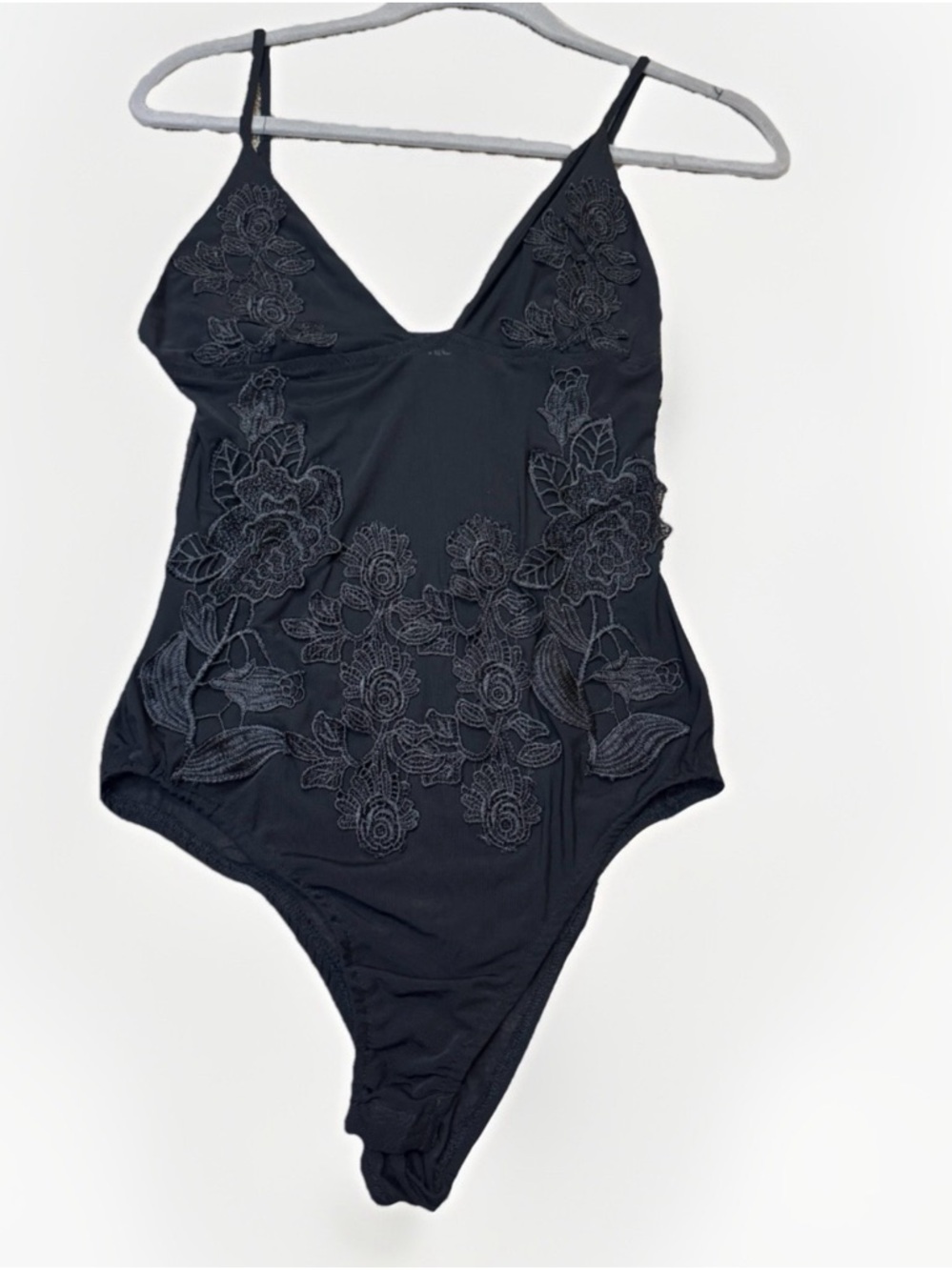 TOP CHIC Black Mesh Bodysuit Floral Lace Applique - Size XS